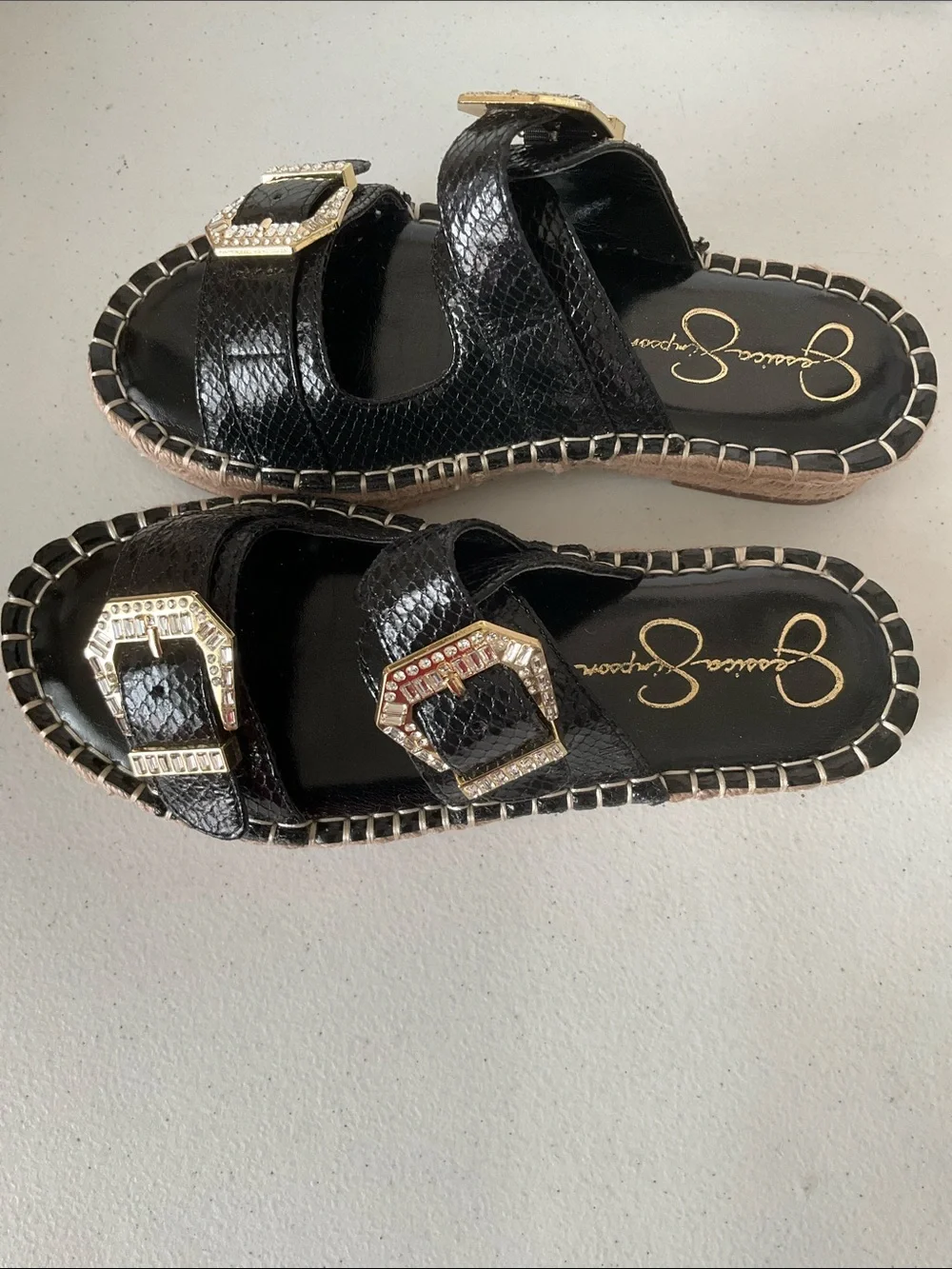 Jessica Simpson Chandria Metallic Silver Snakeskin Buckle Slide Sandals (NWOT)